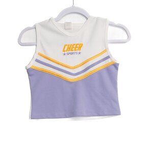 Cheer Sports Size 8 Cheerleader Crop Top White Purple Yellow Stripes Girls Sleev